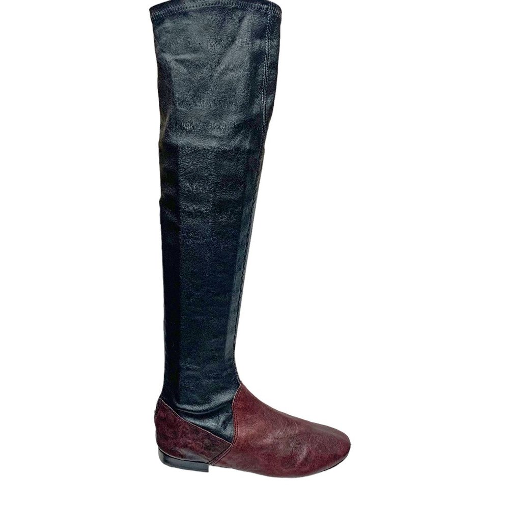 KUDETA Merlot and Black Leather Rear Zip Stretch‎ Tall Boots